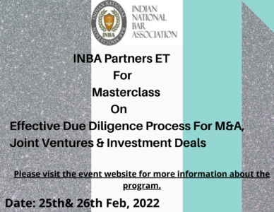 INBA Partners ET For Masterclass On Effective Due Diligence Process For M&A, Joint Ventures & Investment Deals On 25th& 26th Feb, 2022